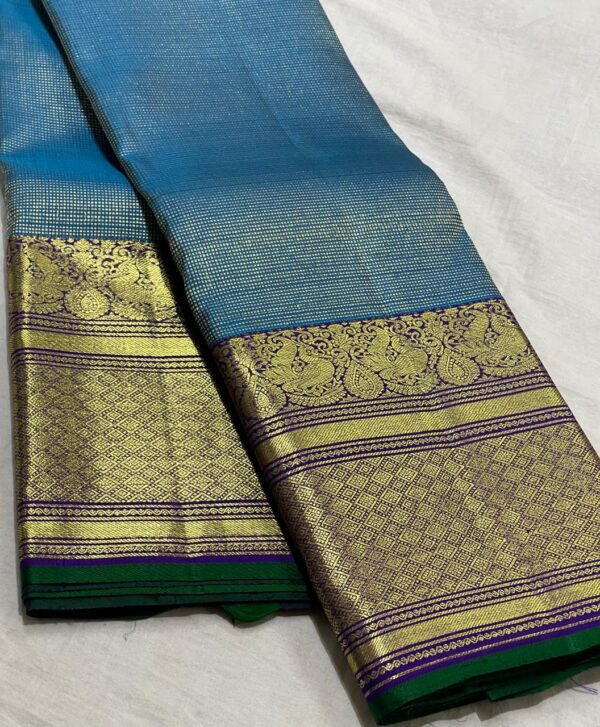 Kanjivaram Silk Saree in Peacock Blue with Purple Border