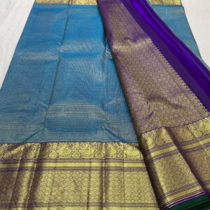 Kanjivaram Silk Saree in Peacock Blue with Purple Border