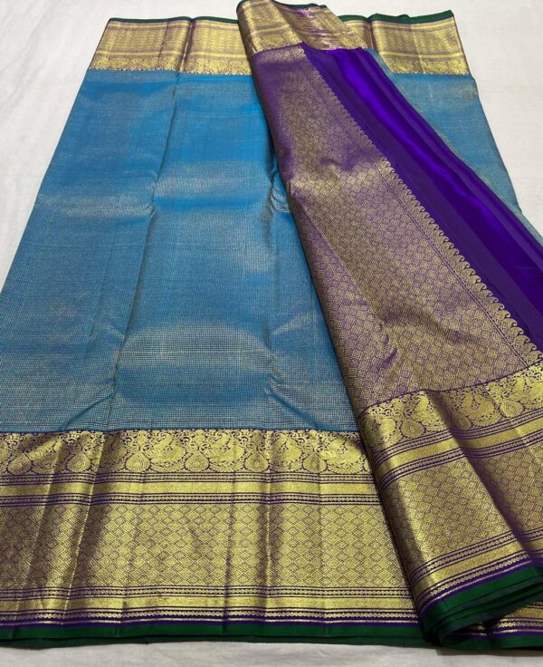 Kanjivaram Silk Saree in Peacock Blue with Purple Border