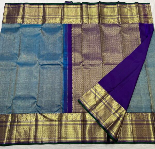 Kanjivaram Silk Saree in Peacock Blue with Purple Border