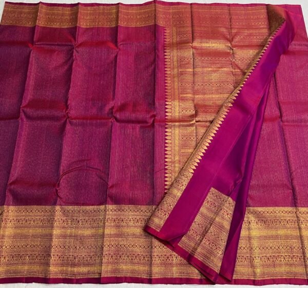 Kanjivaram Silk Saree in Self Magenta with Gold Zari Lines