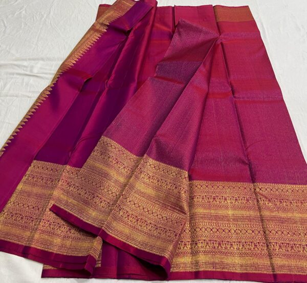 Kanjivaram Silk Saree in Self Magenta with Gold Zari Lines