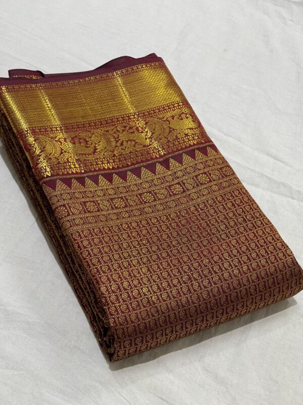 Maroon Red Kanjivaram Silk Saree in with Gold Zari Brocade Design