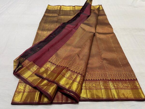 Maroon Red Kanjivaram Silk Saree in with Gold Zari Brocade Design