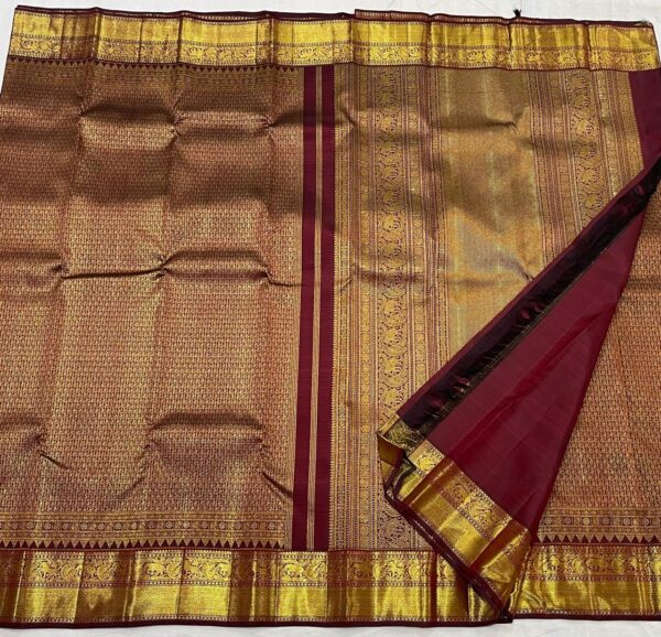 Maroon Red Kanjivaram Silk Saree in with Gold Zari Brocade Design