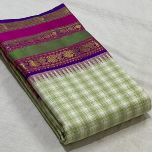 Kanchipuram Silk Saree in Mehandi Green and Off-White with a Royal Purple Border