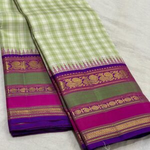 Kanchipuram Silk Saree in Mehandi Green and Off-White with a Royal Purple Border