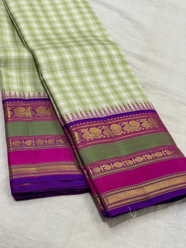 Kanchipuram Silk Saree in Mehandi Green and Off-White with a Royal Purple Border