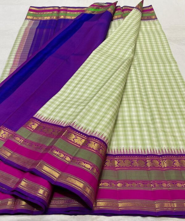 Kanchipuram Silk Saree in Mehandi Green and Off-White with a Royal Purple Border