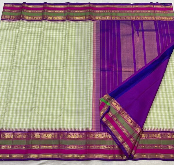 Kanchipuram Silk Saree in Mehandi Green and Off-White with a Royal Purple Border