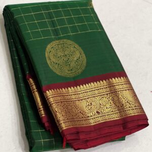 Kanchipuram Silk Saree: Bottle Green with Red Border, Pallu, and Blouse