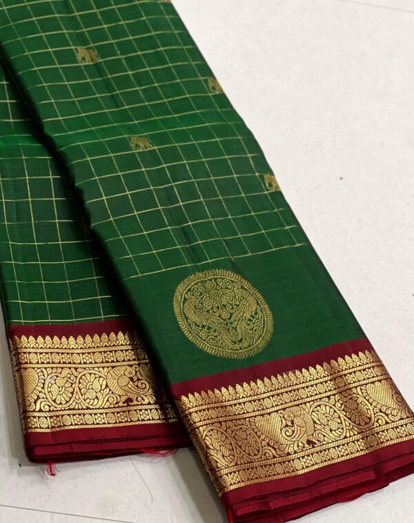 Kanchipuram Silk Saree: Bottle Green with Red Border, Pallu, and Blouse