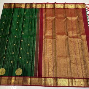 Kanchipuram Silk Saree: Bottle Green with Red Border, Pallu, and Blouse