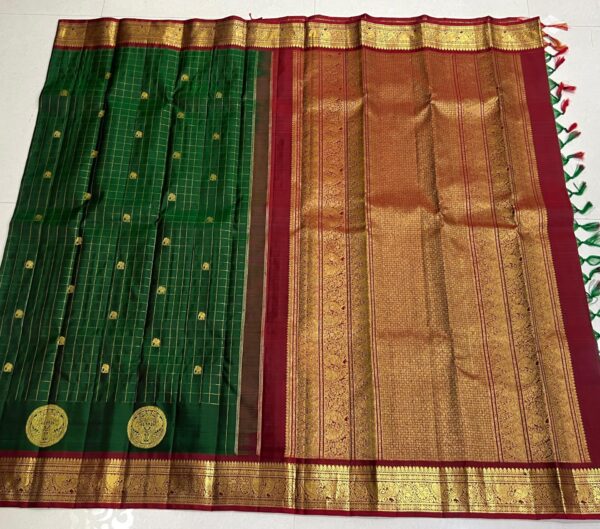 Kanchipuram Silk Saree: Bottle Green with Red Border, Pallu, and Blouse