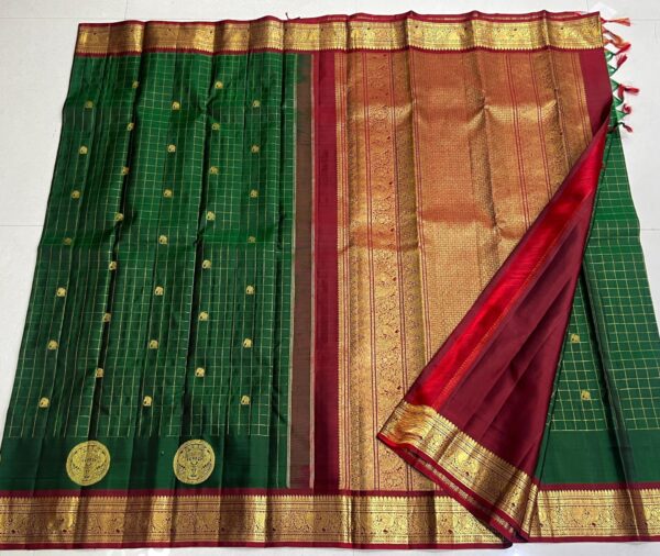 Kanchipuram Silk Saree: Bottle Green with Red Border, Pallu, and Blouse