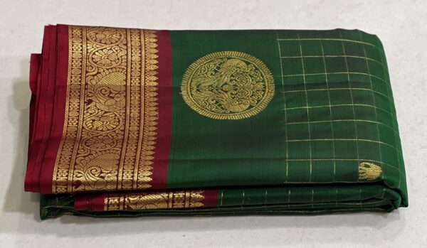 Kanchipuram Silk Saree: Bottle Green with Red Border, Pallu, and Blouse