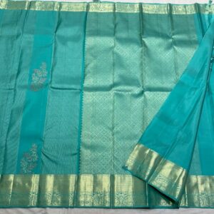 Kanchipuram Silk Saree in Self-Turquoise with Gold Zari Brocade Design