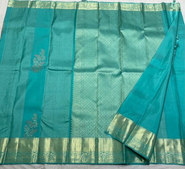 Kanchipuram Silk Saree in Self-Turquoise with Gold Zari Brocade Design