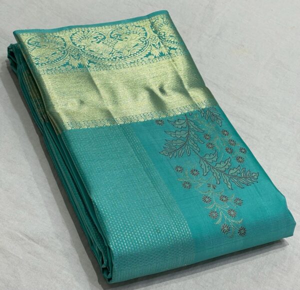 Kanchipuram Silk Saree in Self-Turquoise with Gold Zari Brocade Design