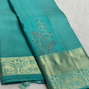 Kanchipuram Silk Saree in Self-Turquoise with Gold Zari Brocade Design