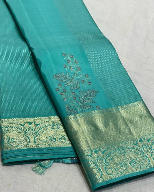 Kanchipuram Silk Saree in Self-Turquoise with Gold Zari Brocade Design