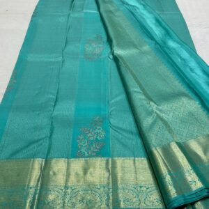 Kanchipuram Silk Saree in Self-Turquoise with Gold Zari Brocade Design