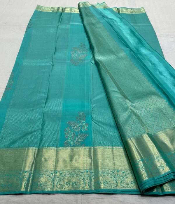 Kanchipuram Silk Saree in Self-Turquoise with Gold Zari Brocade Design