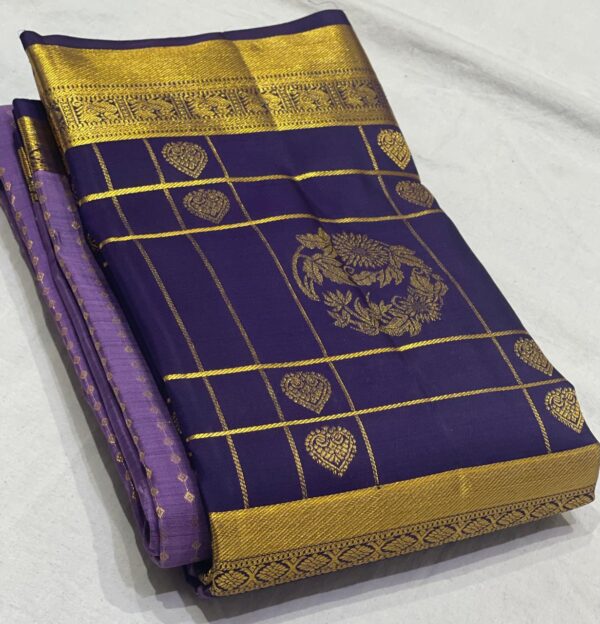 Kanjivaram Silk Saree in Dark Lavender with Ink Blue Border and Gold Zari Brocade