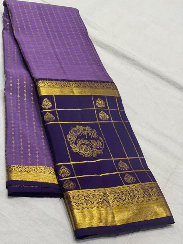 Kanjivaram Silk Saree in Dark Lavender with Ink Blue Border and Gold Zari Brocade