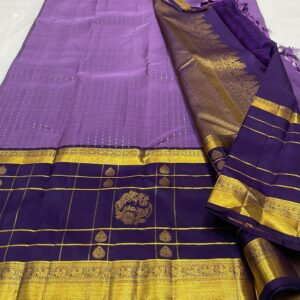 Kanjivaram Silk Saree in Dark Lavender with Ink Blue Border and Gold Zari Brocade