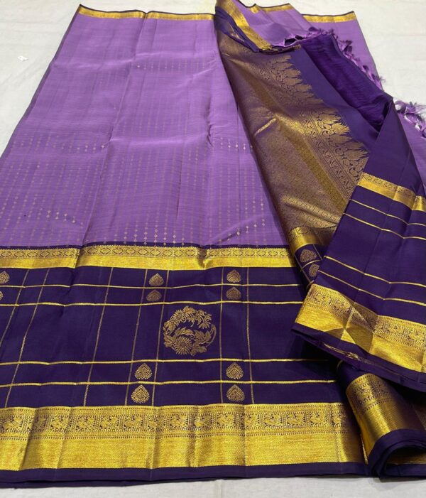 Kanjivaram Silk Saree in Dark Lavender with Ink Blue Border and Gold Zari Brocade