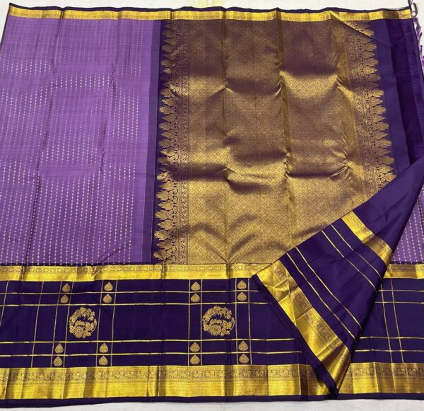 Kanjivaram Silk Saree in Dark Lavender with Ink Blue Border and Gold Zari Brocade