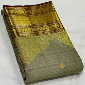 Kanjivaram Silk Saree in Dark Gray and Coffee Brown with Intricate Small Checks Design