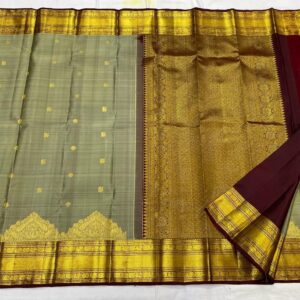 Kanjivaram Silk Saree in Dark Gray and Coffee Brown with Intricate Small Checks Design