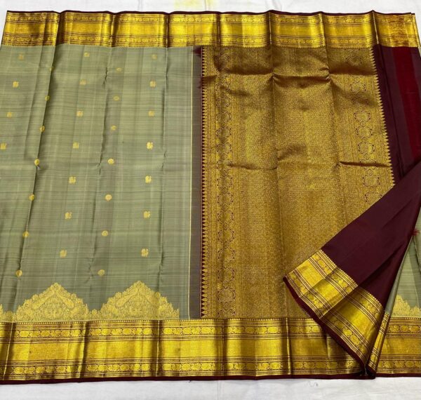 Kanjivaram Silk Saree in Dark Gray and Coffee Brown with Intricate Small Checks Design