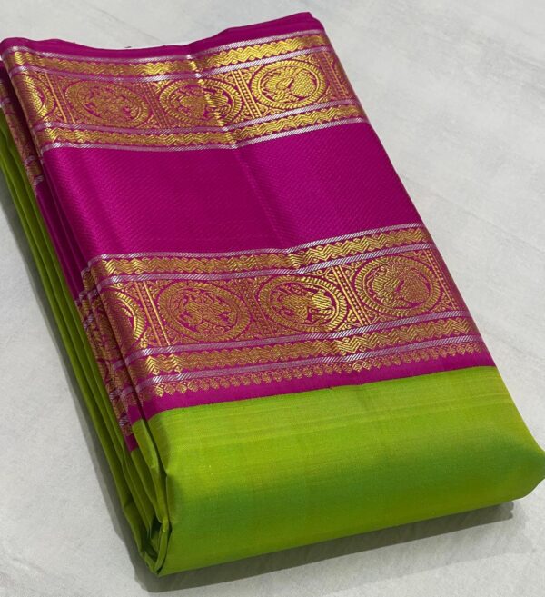 Kanjivaram Silk Saree in Parrot Green with Rani Pink Border