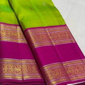 Kanjivaram Silk Saree in Parrot Green with Rani Pink Border