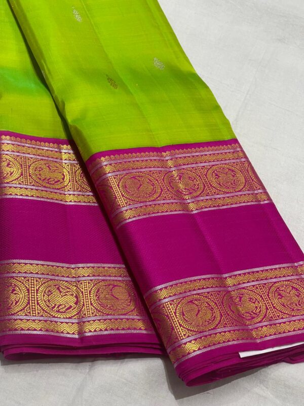 Kanjivaram Silk Saree in Parrot Green with Rani Pink Border