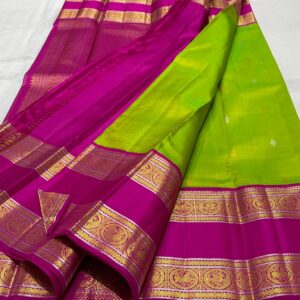 Kanjivaram Silk Saree in Parrot Green with Rani Pink Border