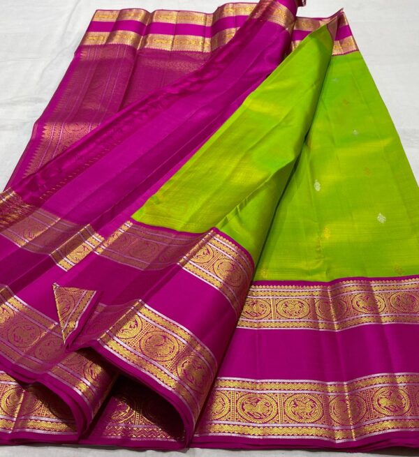 Kanjivaram Silk Saree in Parrot Green with Rani Pink Border