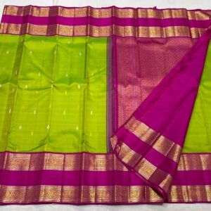 Kanjivaram Silk Saree in Parrot Green with Rani Pink Border