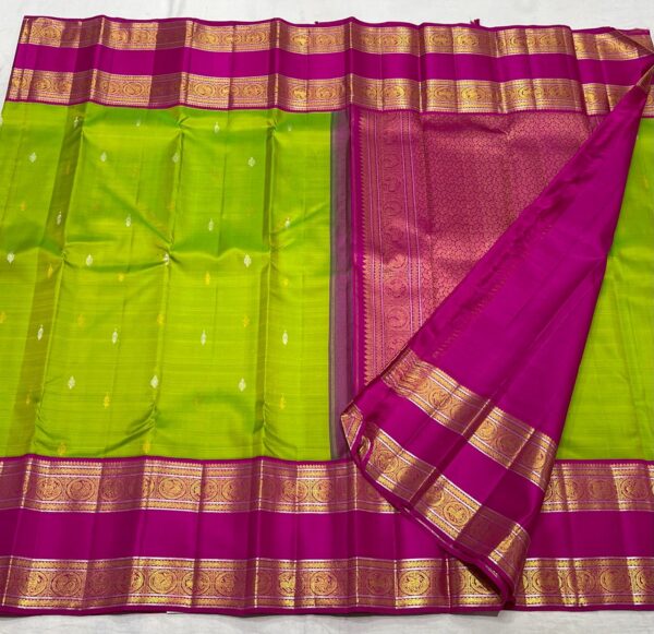 Kanjivaram Silk Saree in Parrot Green with Rani Pink Border