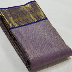 Kanchipuram Silk Saree in Lavender with Blue Border, Pallu, and Blouse