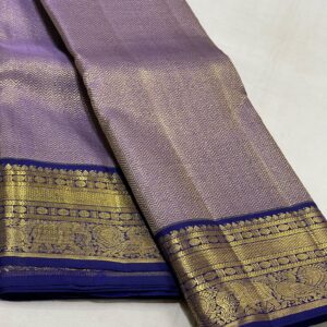 Kanchipuram Silk Saree in Lavender with Blue Border, Pallu, and Blouse