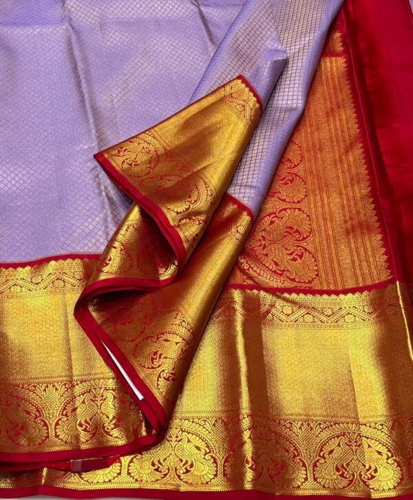 Lavender Kanjivaram Silk Saree with Striking Red Border