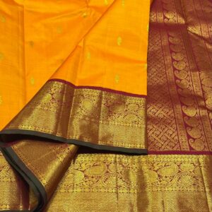 Kanchipuram Silk Saree in Mango Yellow and Maroon Red