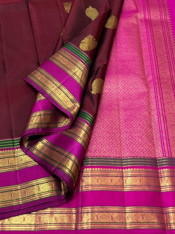 Kanjivaram Silk Saree in Maroon Red with Rani Pink