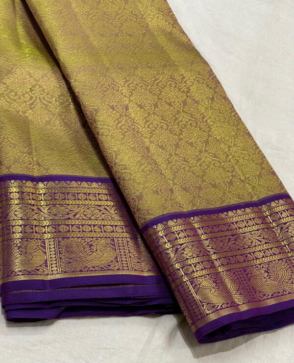 Olive Green Kanjivaram Silk Saree with Purple Border