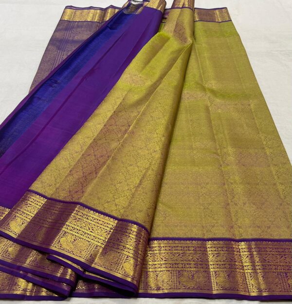 Olive Green Kanjivaram Silk Saree with Purple Border