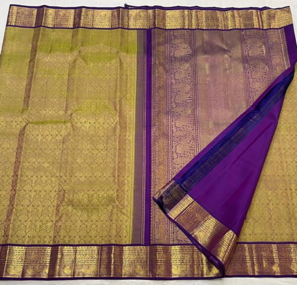 Olive Green Kanjivaram Silk Saree with Purple Border